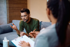 Two people at a mental health wellness center